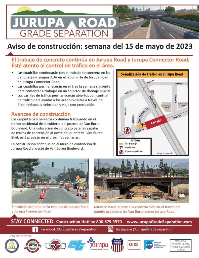 El trabajo de concreto continúa en Jurupa Road y Jurupa Connector Road; Esté atento al control de tráfico en el área.